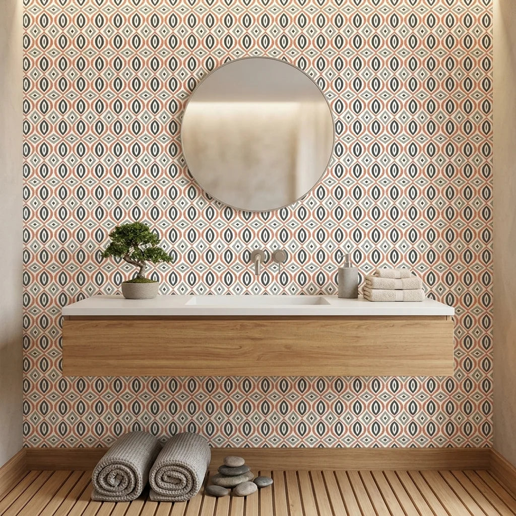 Ember & Iron retro geometric peel and stick wallpaper creating ambiance in a serene bathroom