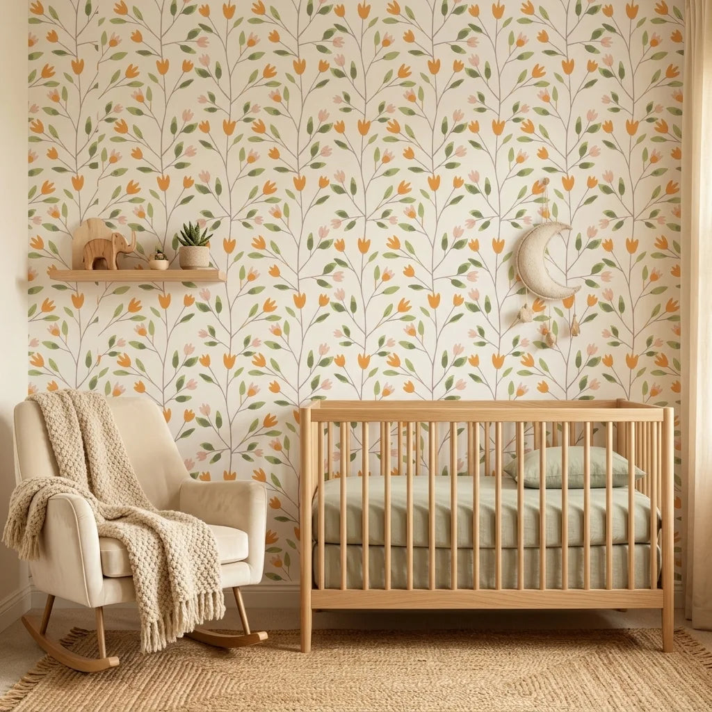 Ember & Leaf orange floral peel and stick wallpaper in a warm and inviting living room