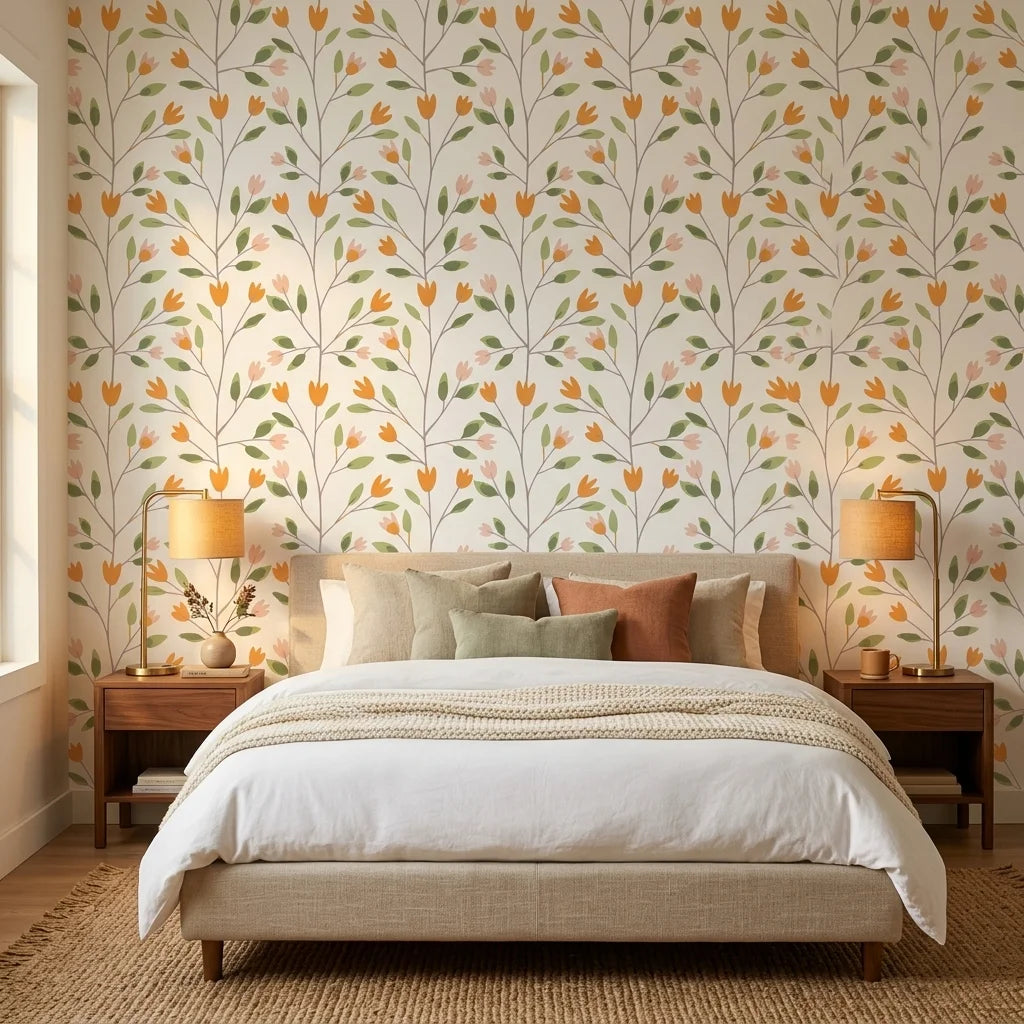 Ember & Leaf orange floral peel and stick wallpaper adding character to a cozy bedroom
