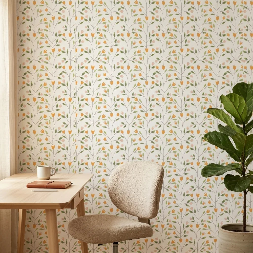 Ember & Leaf orange floral peel and stick wallpaper as a feature wall in a bright home office