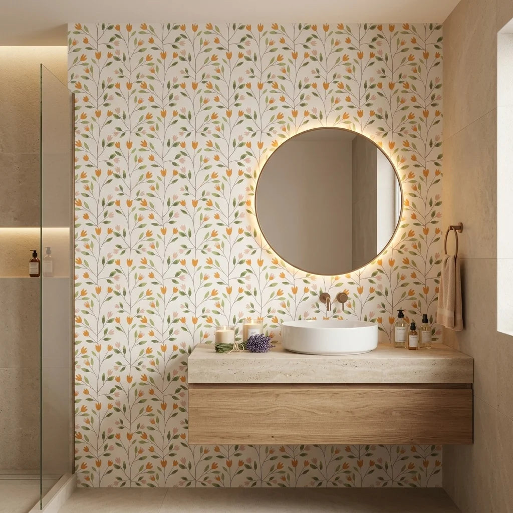 Ember & Leaf orange floral peel and stick wallpaper creating ambiance in a serene bathroom