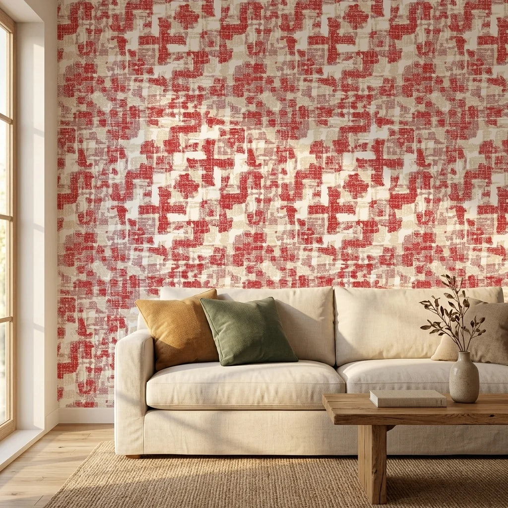 Ember & Linen textured red abstract wallpaper in a warm and inviting living room