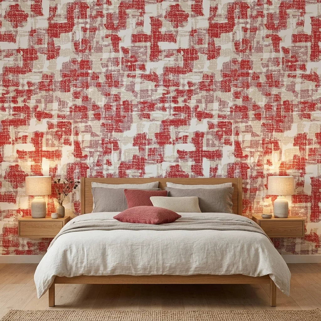 Ember & Linen textured red abstract wallpaper adding character to a cozy bedroom