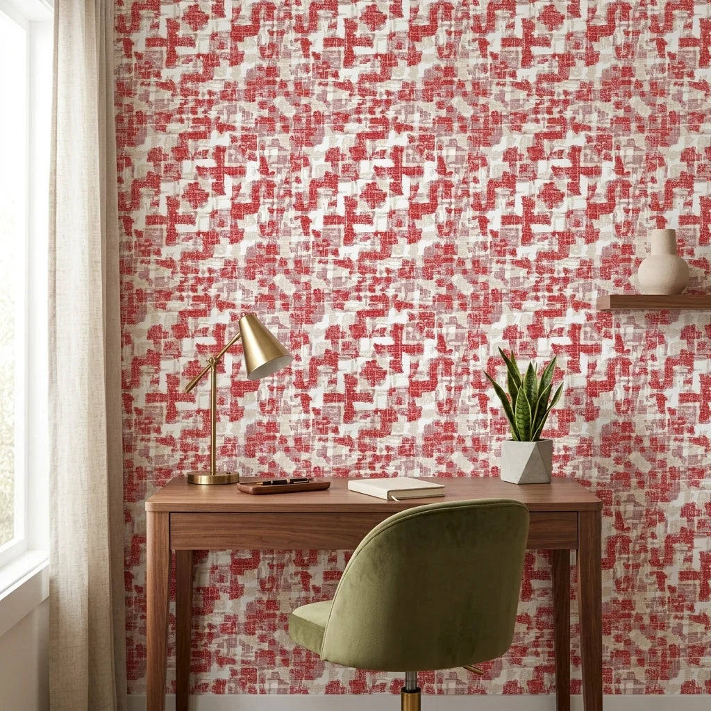 Ember & Linen textured red abstract wallpaper as a feature wall in a bright home office