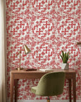Ember & Linen textured red abstract wallpaper as a feature wall in a bright home office