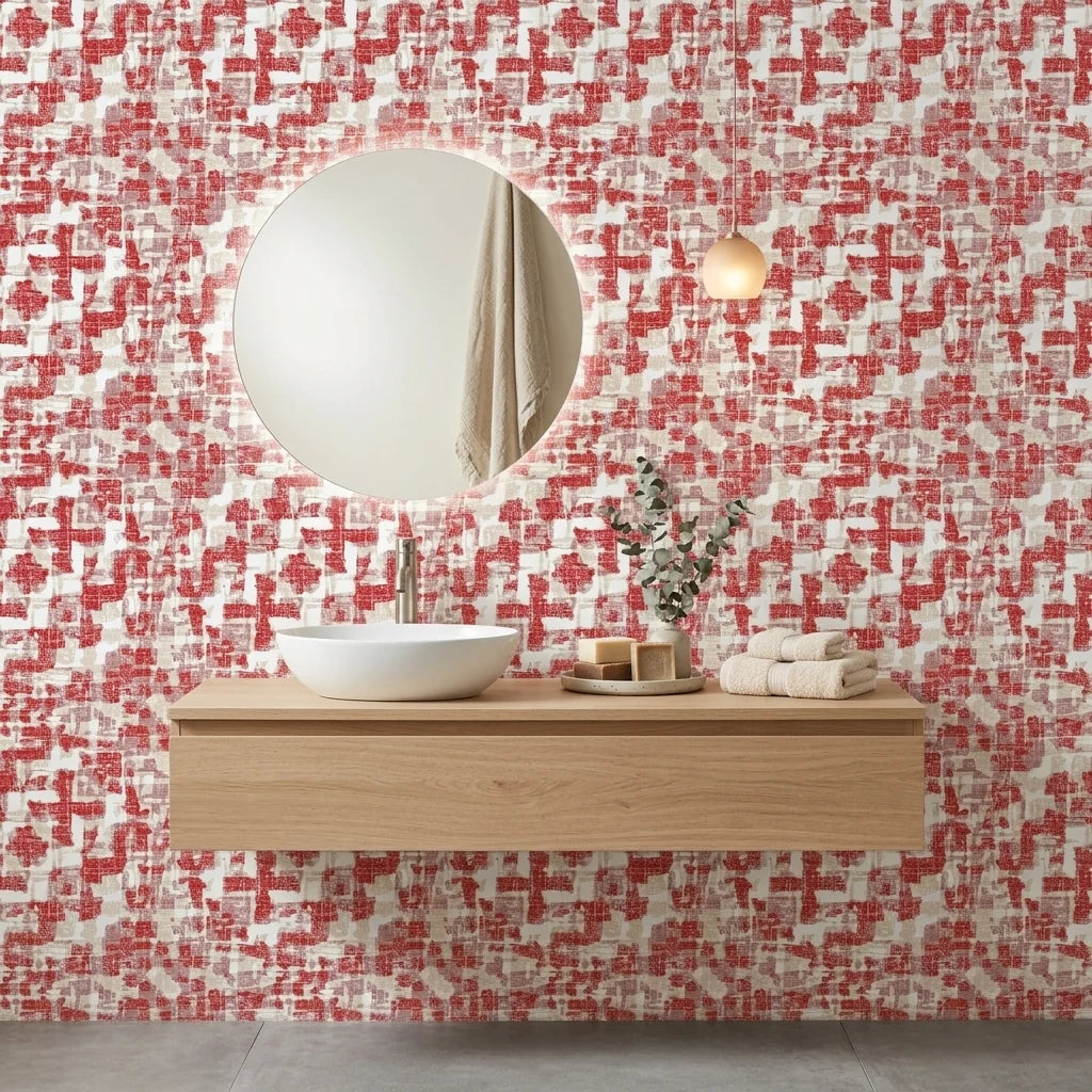 Ember & Linen textured red abstract wallpaper creating ambiance in a serene bathroom