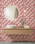 Ember & Linen textured red abstract wallpaper creating ambiance in a serene bathroom