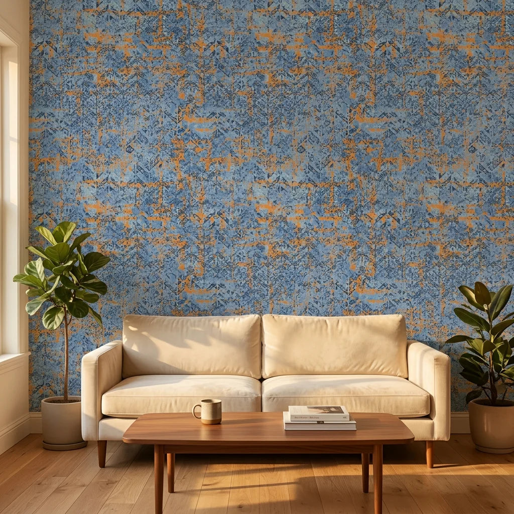 Textured blue and orange geometric peel and stick wallpaper - Ember & Tide