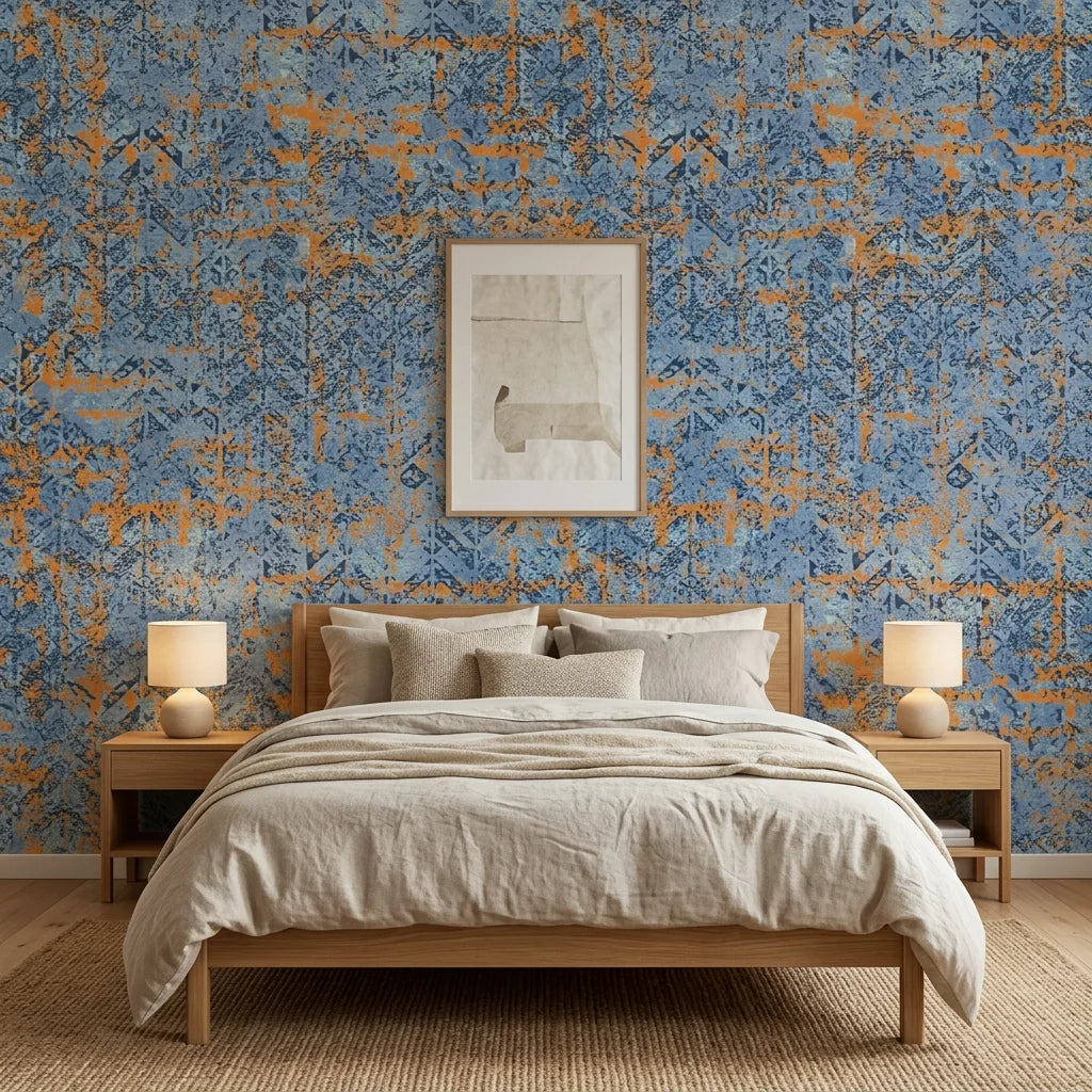 Ember & Tide distressed geometric peel and stick wallpaper in a warm and inviting living room