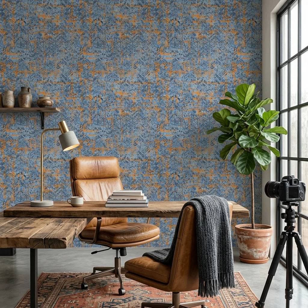 Ember & Tide distressed geometric peel and stick wallpaper adding character to a cozy bedroom