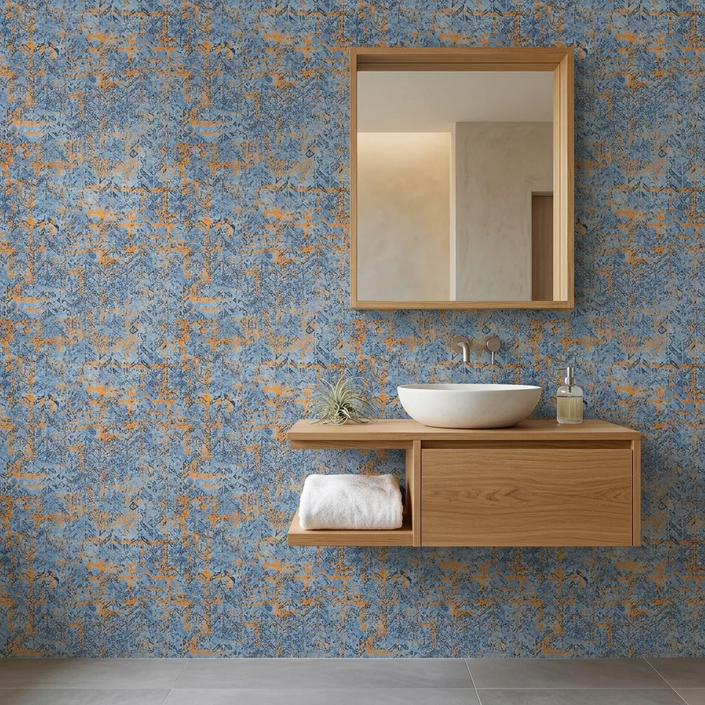 Ember & Tide distressed geometric peel and stick wallpaper as a feature wall in a bright home office