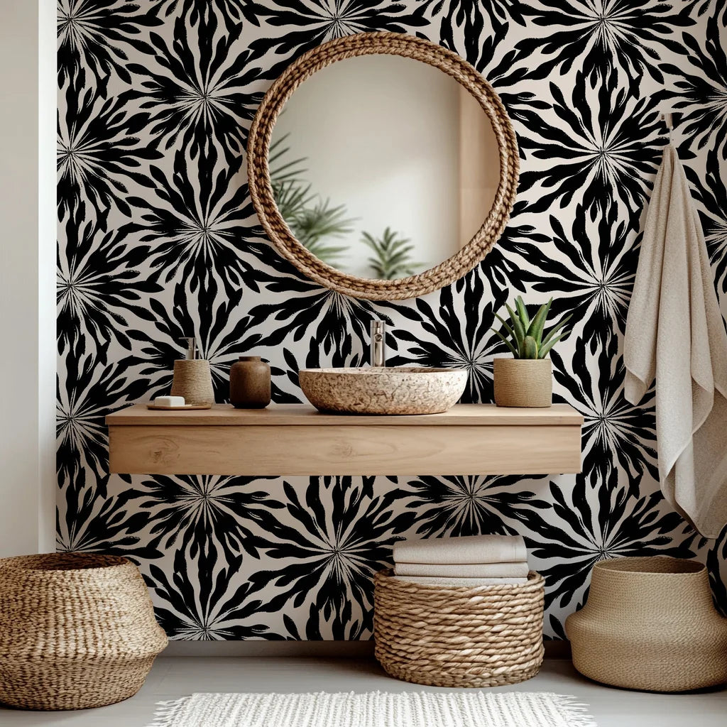 Black and cream shibori sunburst pattern on self-adhesive wallpaper