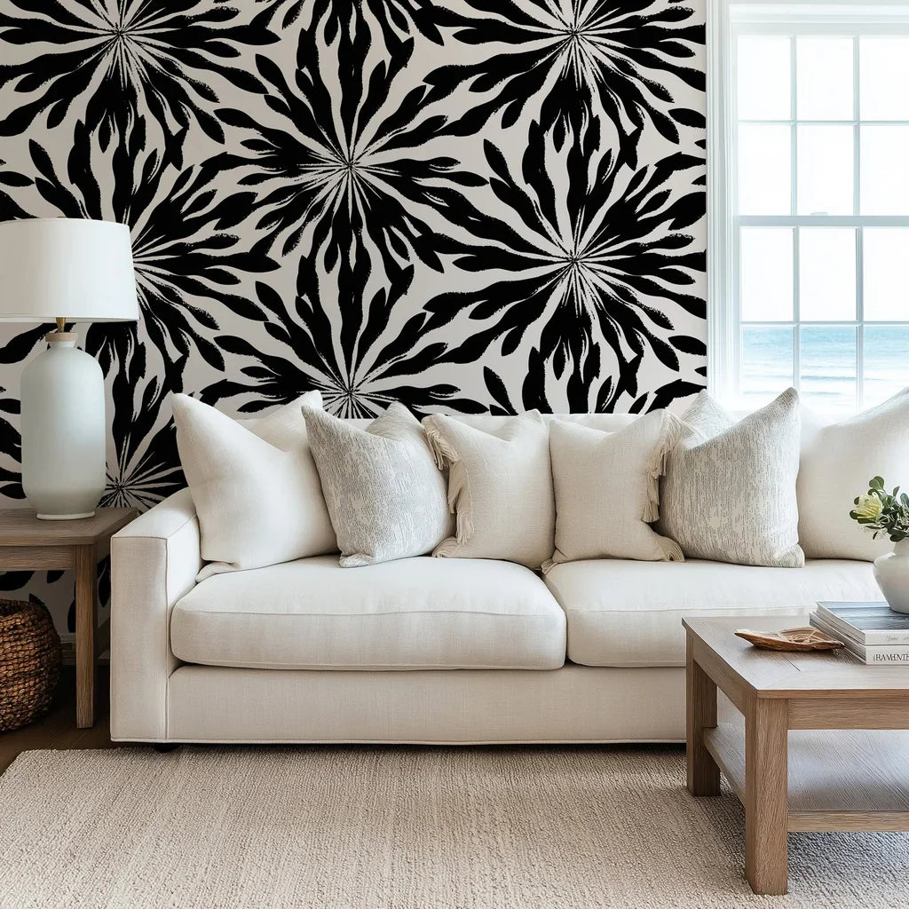 Abstract black and cream shibori sunburst peel and stick wallpaper