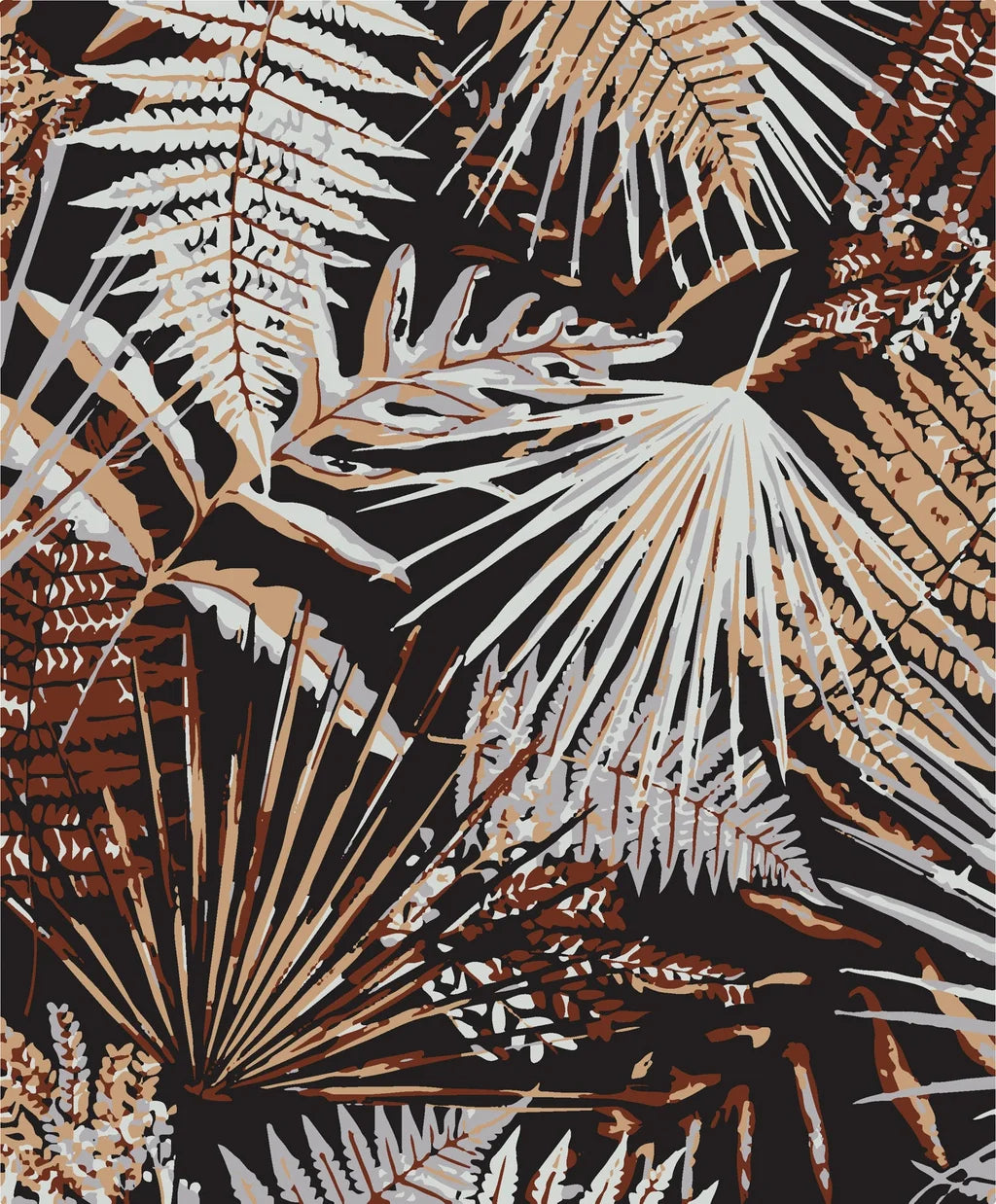 Self-adhesive wallpaper featuring a dark botanical pattern with rust-colored and grey fern leaves
