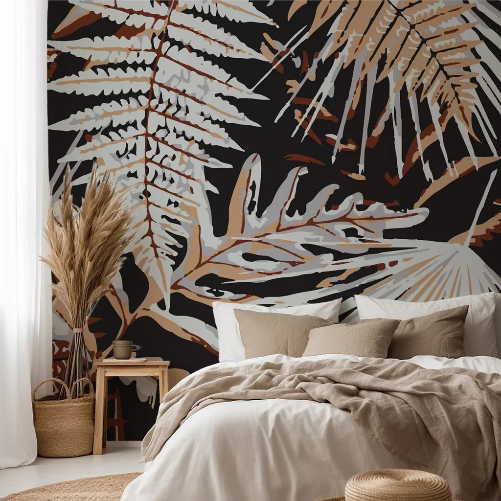 Deep-toned fern leaf self-adhesive wallpaper featuring rusty orange and charcoal grey accents