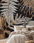 Deep-toned fern leaf self-adhesive wallpaper featuring rusty orange and charcoal grey accents