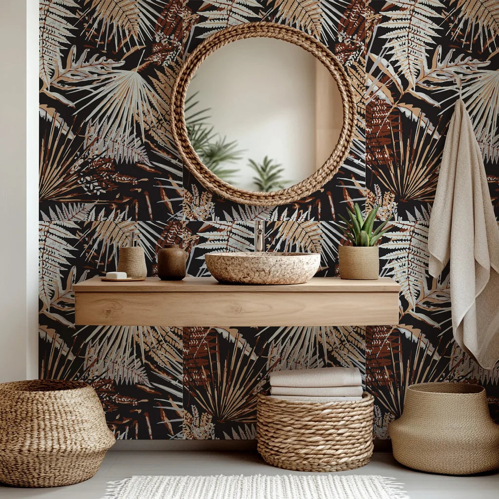 Peel and stick wallpaper featuring a moody botanical design with rust and grey fern fronds on a dark backdrop