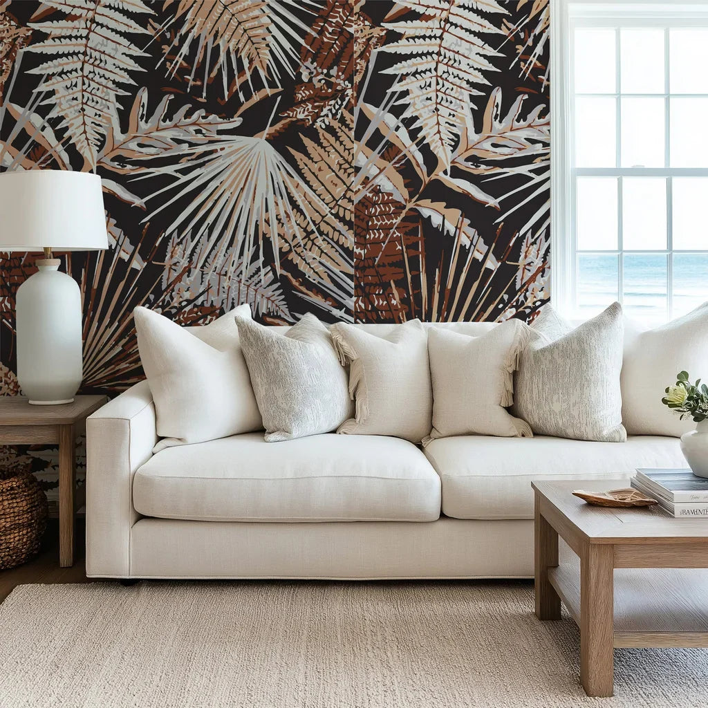 Deep botanical pattern featuring rust and grey fern leaves on self-adhesive wallpaper