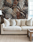 Deep botanical pattern featuring rust and grey fern leaves on self-adhesive wallpaper