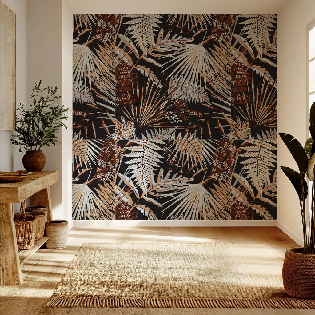 Peel and stick wallpaper featuring a dark botanical pattern with rust and grey fern leaves.