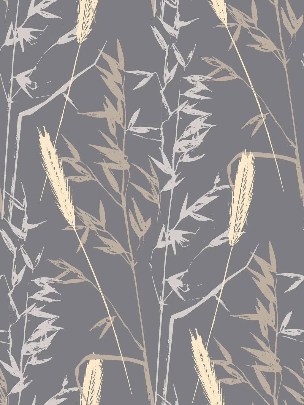 Ember Hush peel and stick wallpaper featuring a grey and beige botanical silhouette of wheat