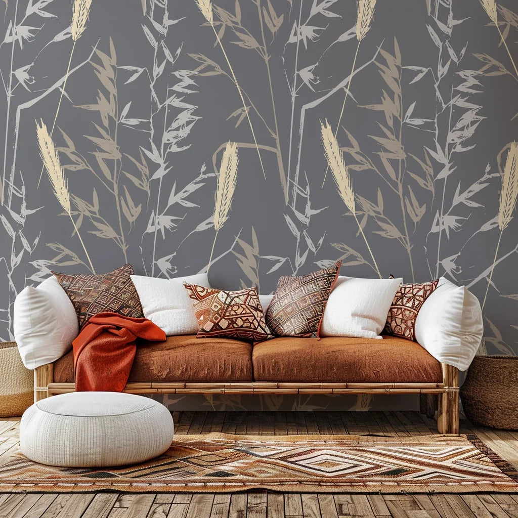 Self-adhesive wallpaper featuring a gray and tan botanical wheat outline design, product name Ember Hush