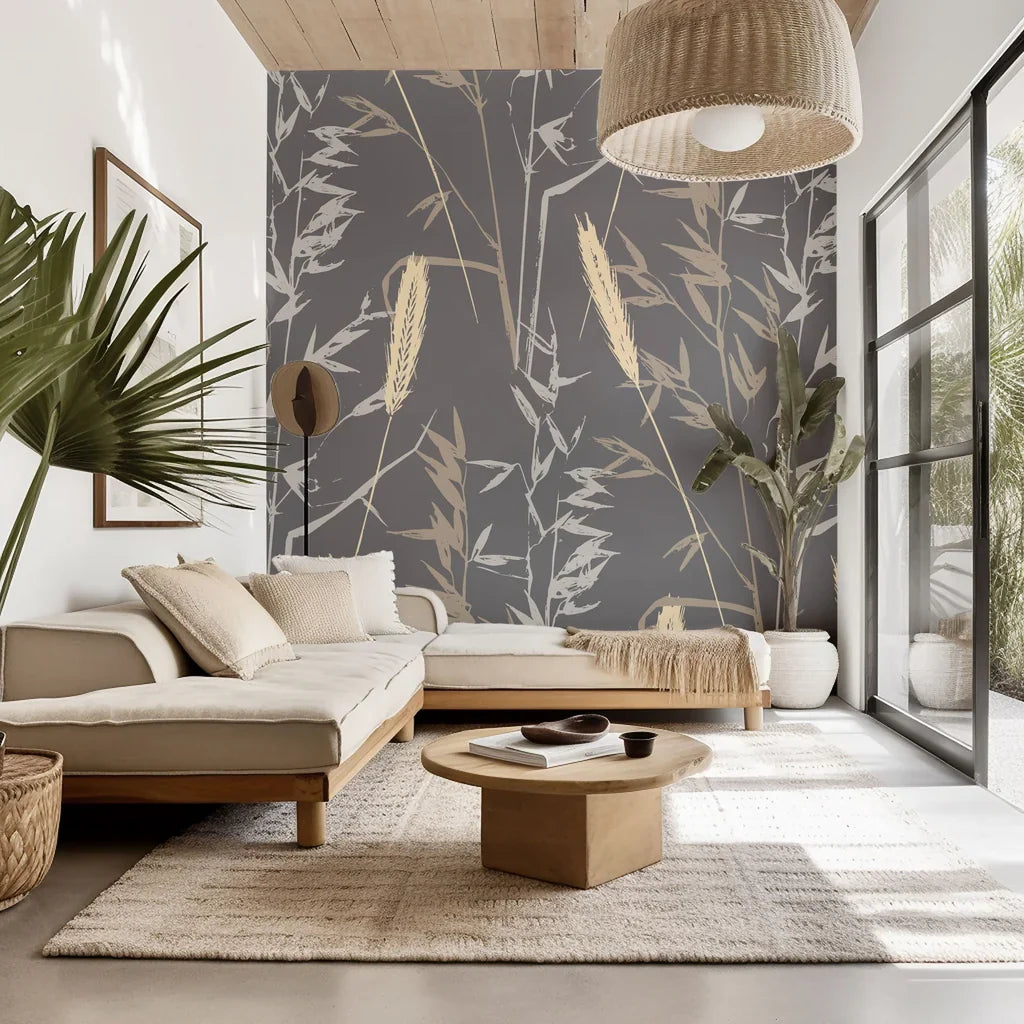 Self-adhesive wallpaper featuring a gray and tan wheat stalk outline design—Ember Hush collection