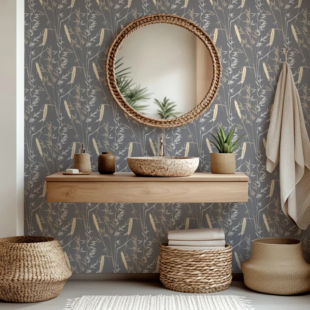 Self-adhesive wallpaper featuring a beige and grey wheat botanical silhouette, called Ember Hush