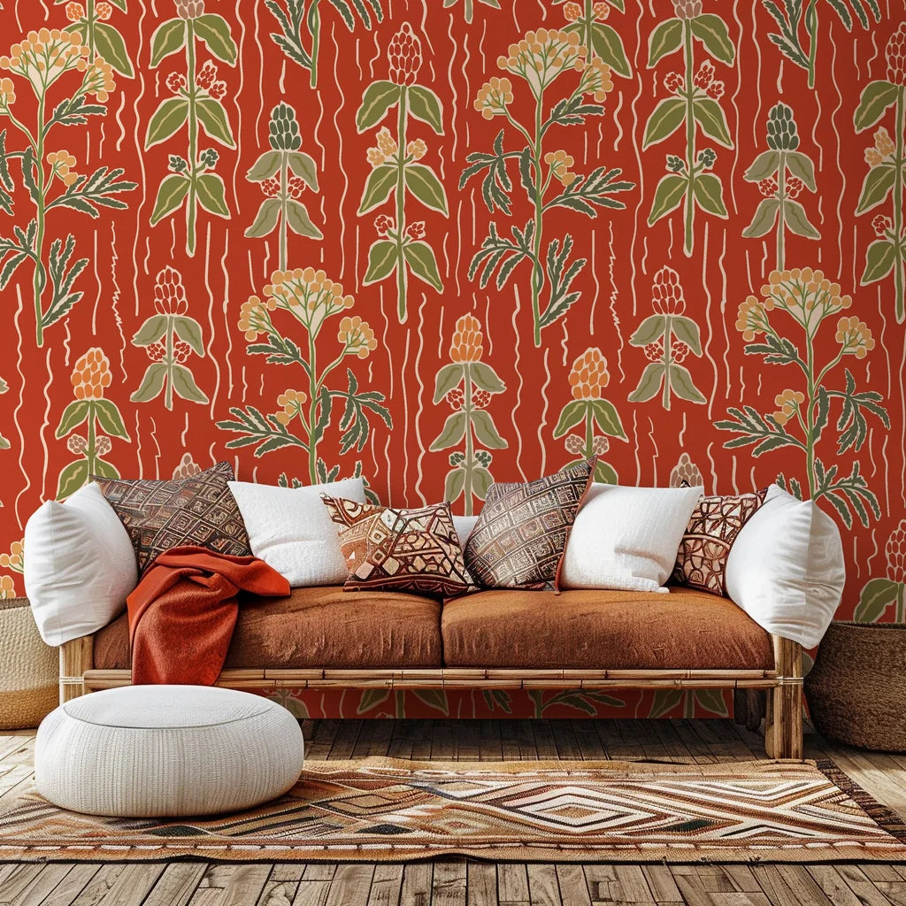 Self-adhesive wallpaper featuring an herbal pattern in rust red and green, part of the Ember Meadow collection