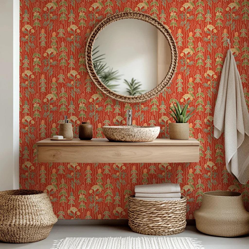 Peel and stick wall covering featuring an herbal botanical design in green and terracotta red - Ember Meadow