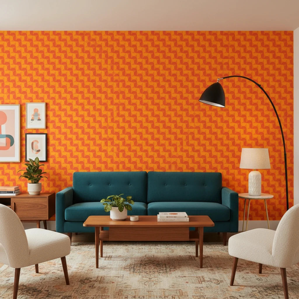 Ember Mosaic bold orange geometric wallpaper in a warm and inviting living room