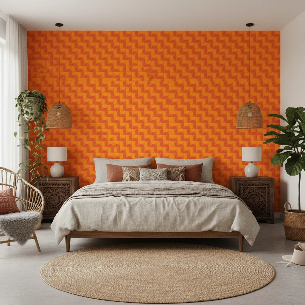 Ember Mosaic bold orange geometric wallpaper adding character to a cozy bedroom