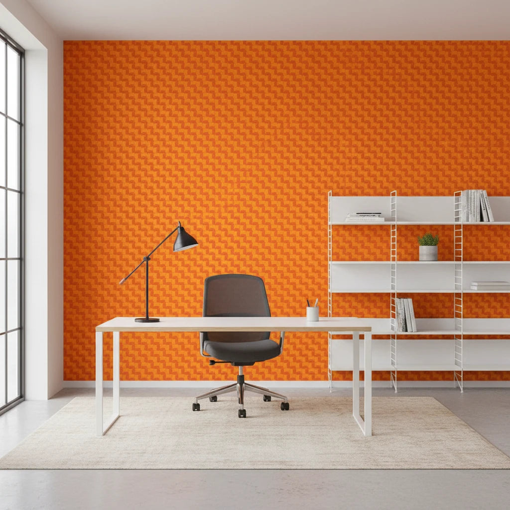 Ember Mosaic bold orange geometric wallpaper as a feature wall in a bright home office