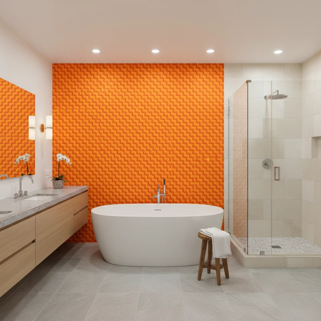 Ember Mosaic bold orange geometric wallpaper creating ambiance in a serene bathroom