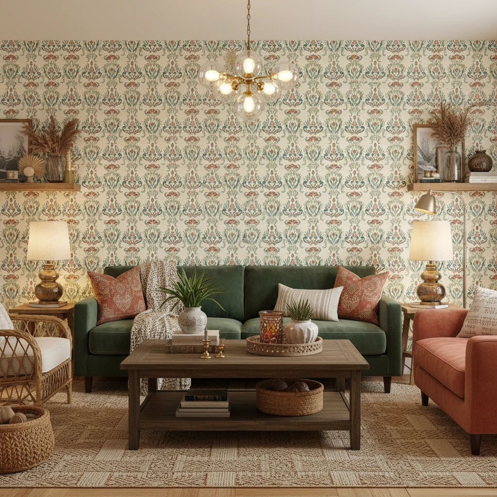 Ember Tapestry teal and rust floral wallpaper in a warm and inviting living room