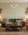 Ember Tapestry teal and rust floral wallpaper in a warm and inviting living room