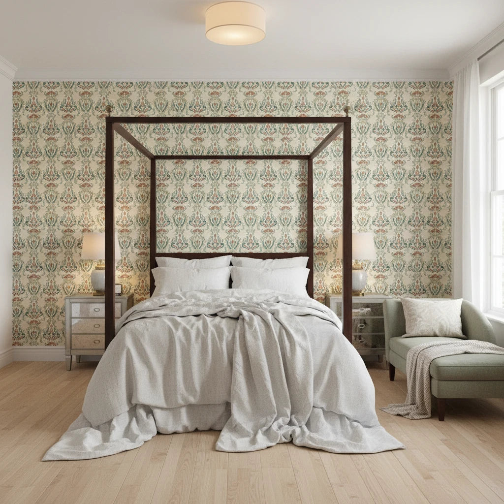 Ember Tapestry teal and rust floral wallpaper adding character to a cozy bedroom