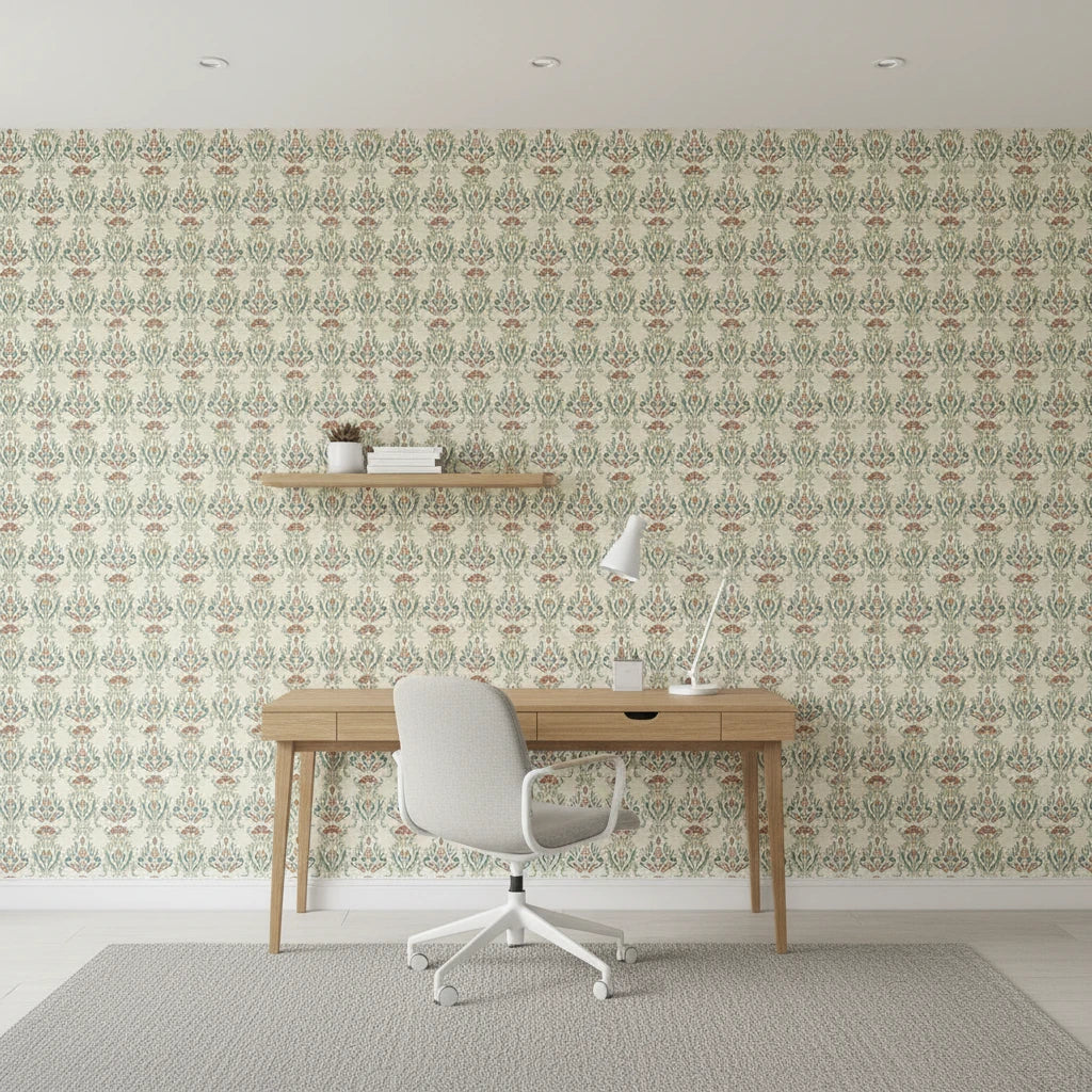 Ember Tapestry teal and rust floral wallpaper as a feature wall in a bright home office