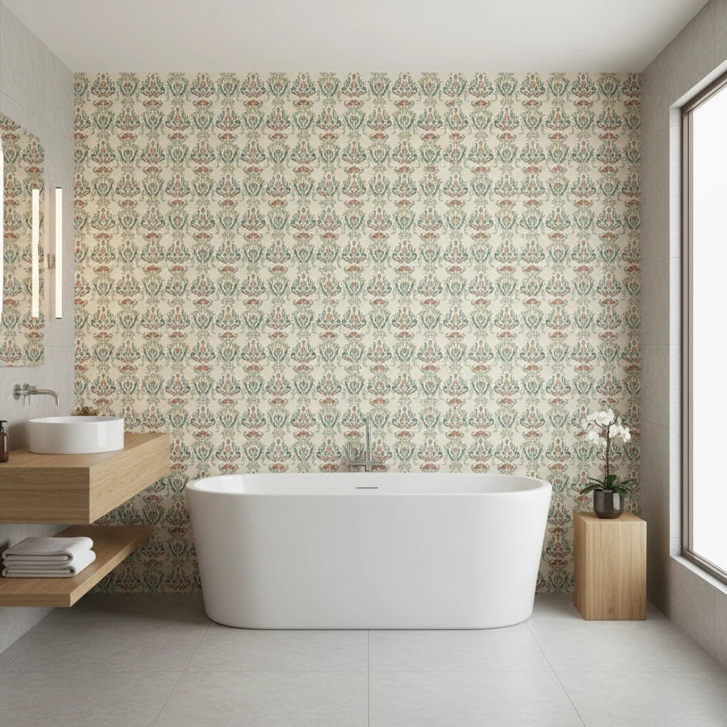 Ember Tapestry teal and rust floral wallpaper creating ambiance in a serene bathroom