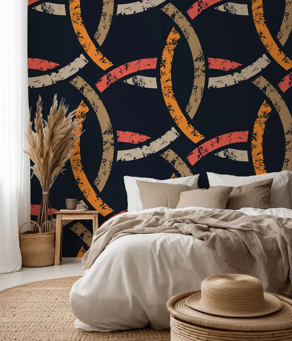 Geometric chain motif in deep blue and bright orange with a distressed finish - Ember Threads