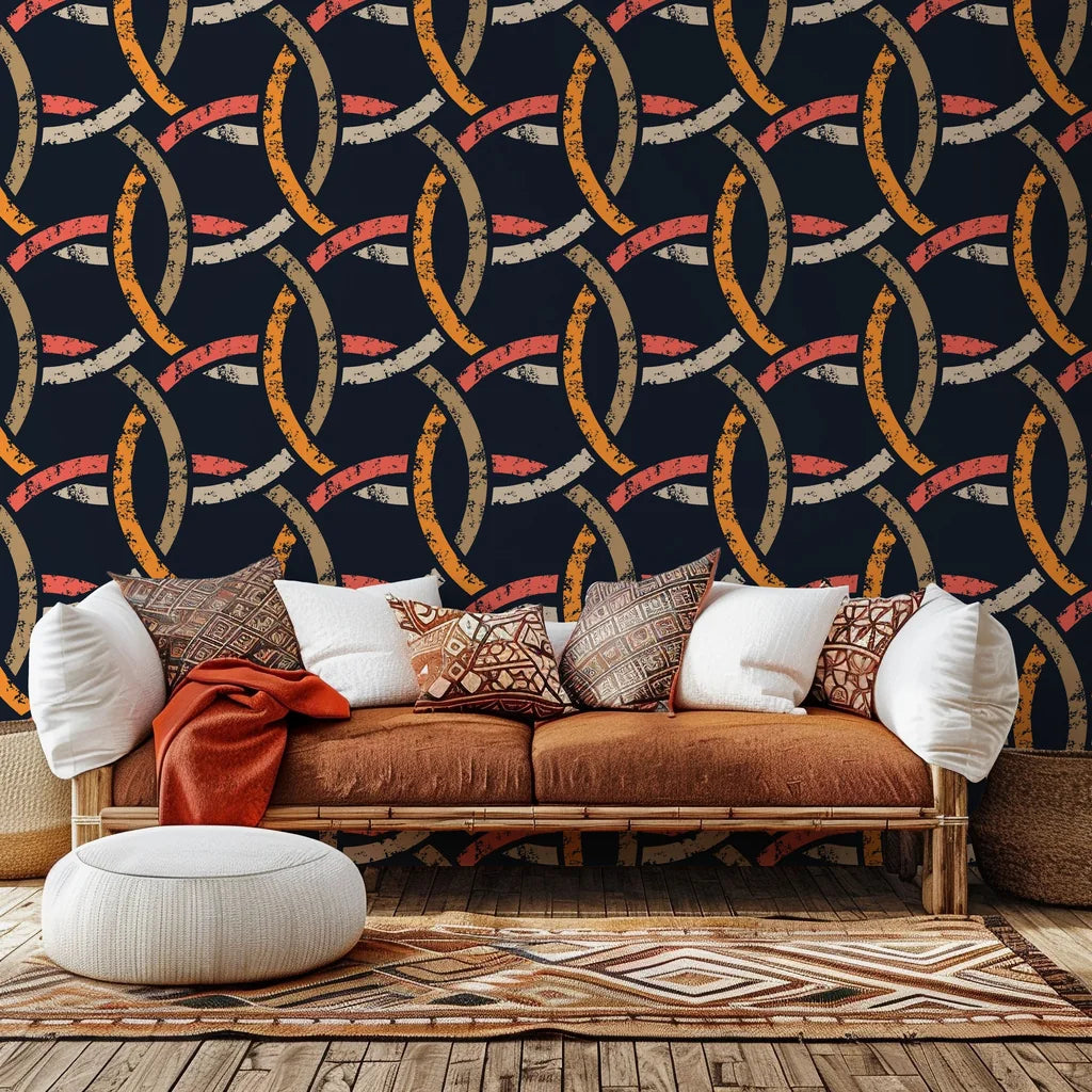 Geometric chain pattern wall covering in distressed navy and orange hues