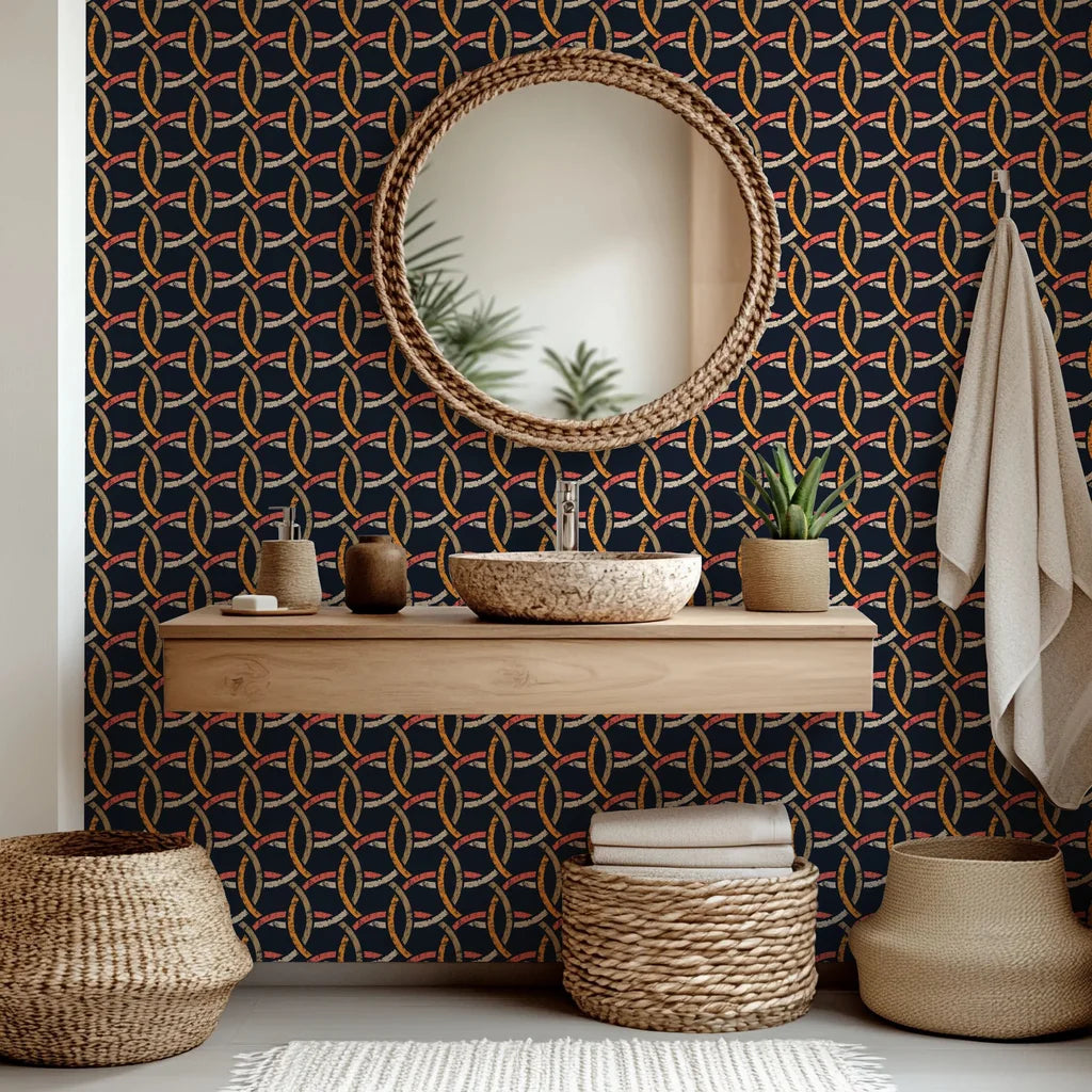 Navy and orange abstract chained pattern wallcovering - Ember Threads