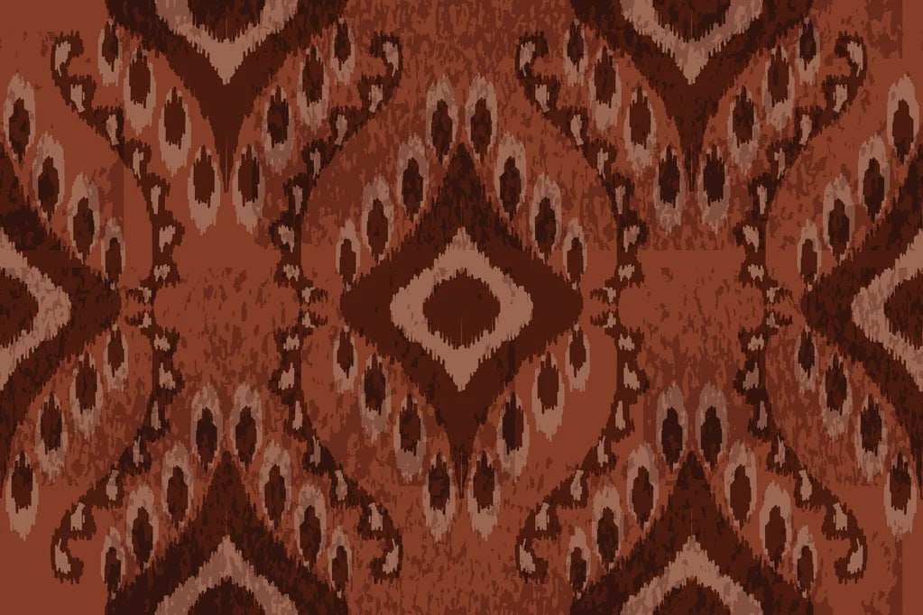Traditional geometric Ikat wallpaper, featuring rust brown and beige tones, available as peel and stick