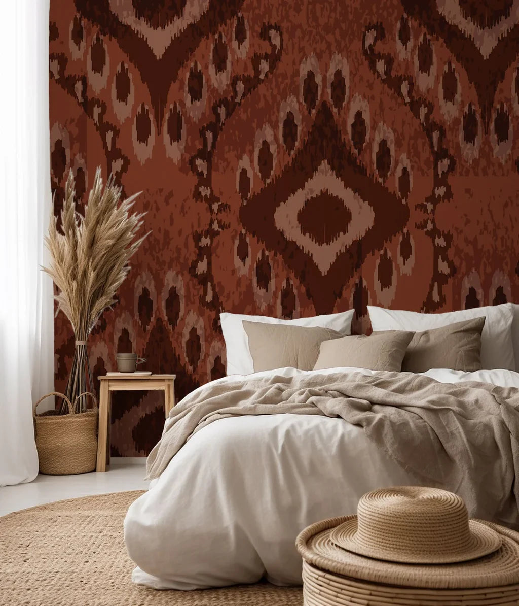 Rust brown and beige geometric Ikat pattern, peel and stick wallpaper titled Ember Wings