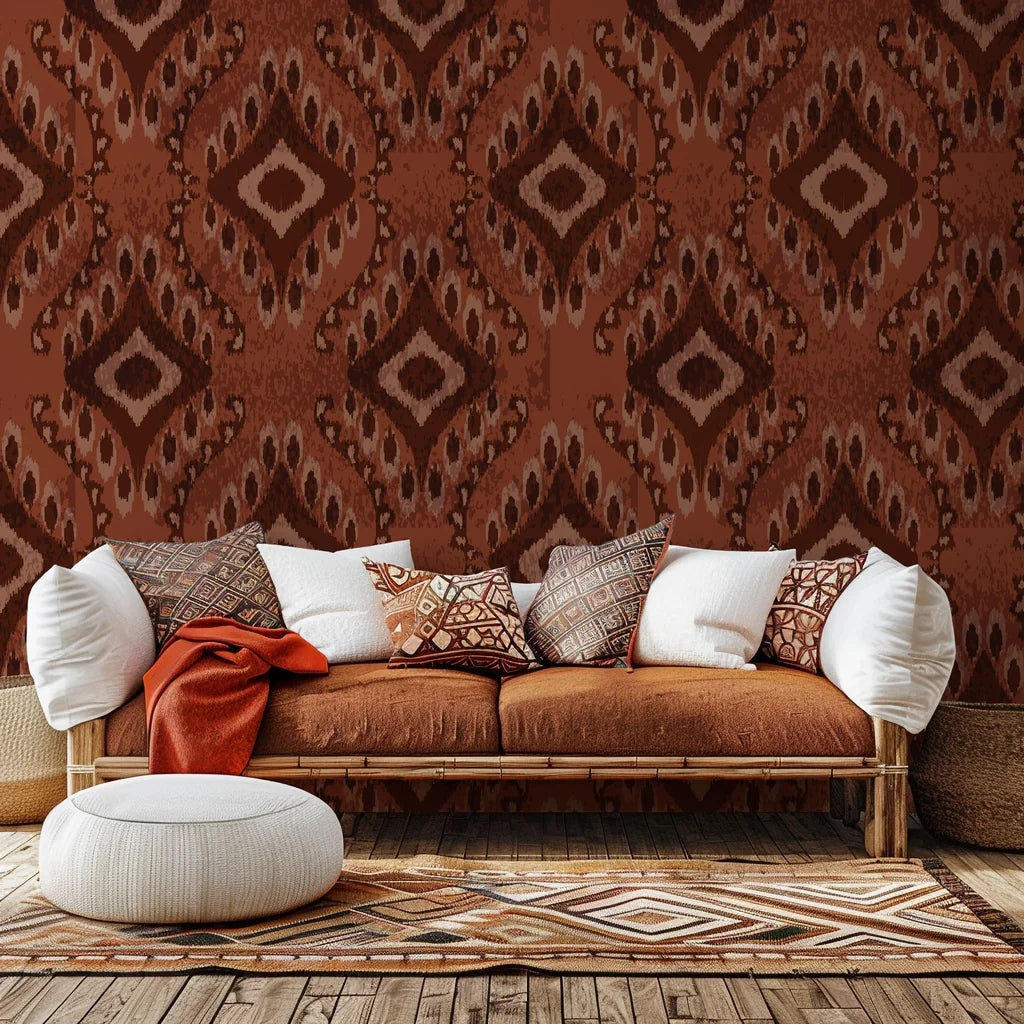 Classic Ikat wallpaper featuring geometric shapes in tones of rust brown and beige, self-adhesive 'Ember Wings' design