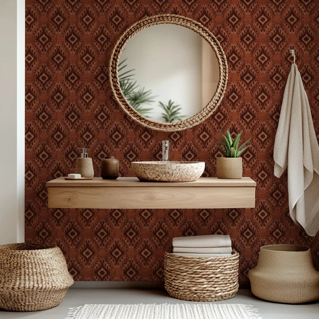 Peel and stick wallpaper, known as 'Ember Wings,' featuring a geometric Ikat pattern in rust brown and beige tones