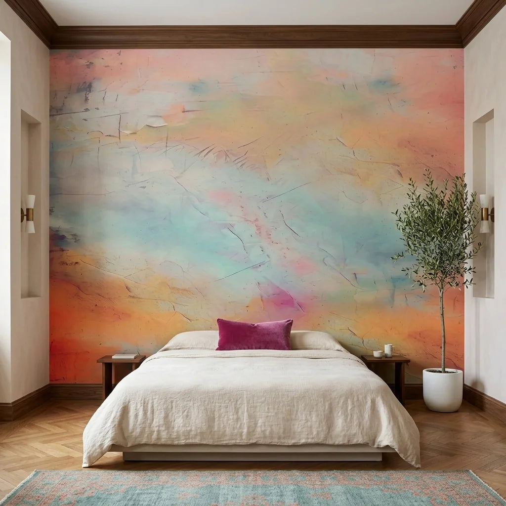Embers & Mist warm sunset abstract wallpaper in a warm and inviting living room