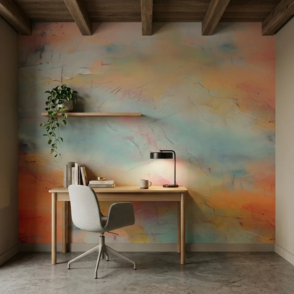 Embers & Mist warm sunset abstract wallpaper adding character to a cozy bedroom