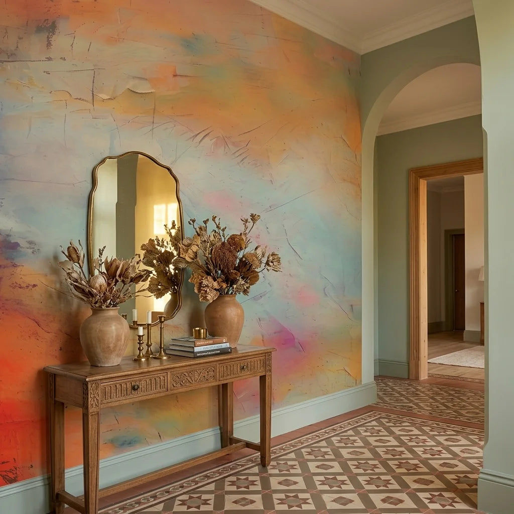 Embers & Mist warm sunset abstract wallpaper as a feature wall in a bright home office