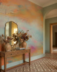 Embers & Mist warm sunset abstract wallpaper as a feature wall in a bright home office